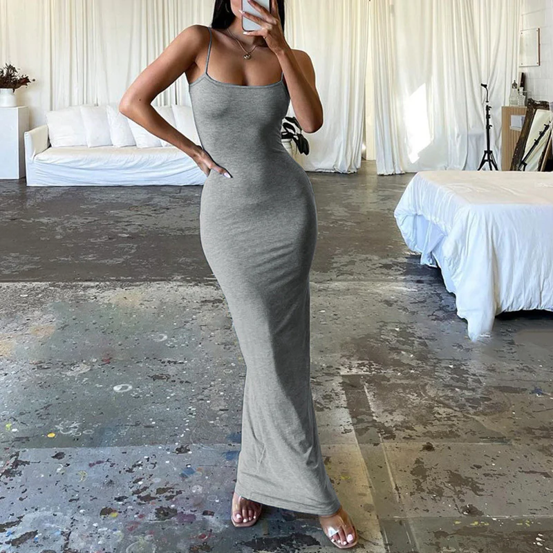 DEANWANGKT Foreign Trade Cross-Border Fashion Solid Color Simple Camisole Long Dress Sexy Low-Cut Backless Slim Fit Sheath Dress - Deanwangkt