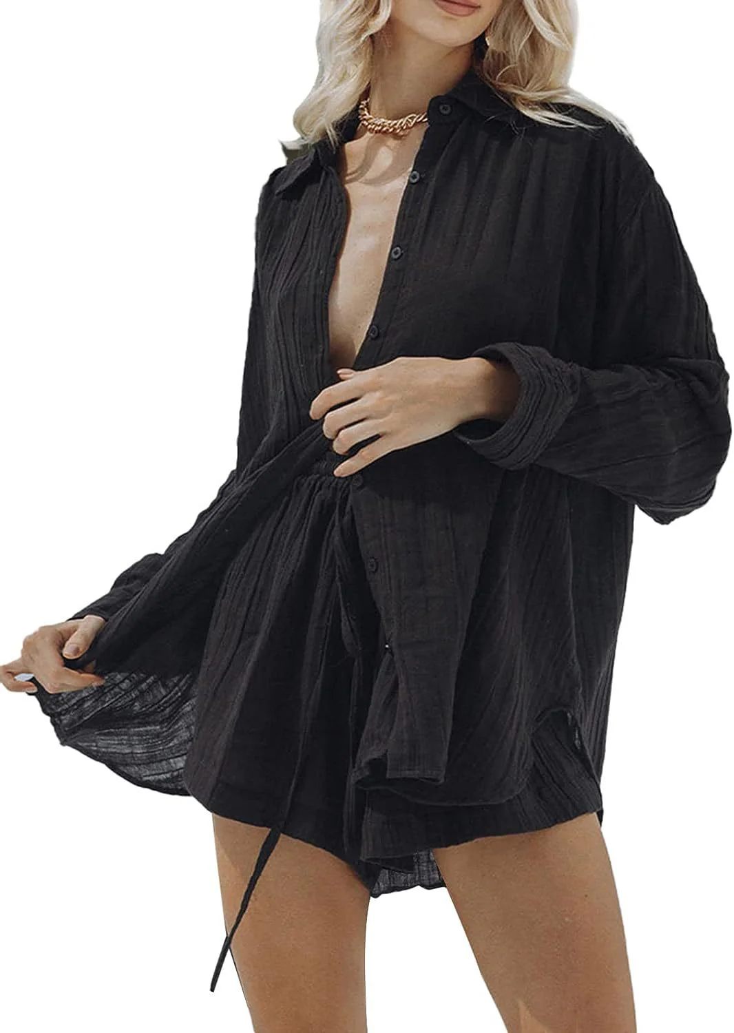 DEANWANGKT  European and American Style Women Casual Two-Piece Suit  Summer New Long Sleeve Shirt Top and Shorts Sportswear Suit - Deanwangkt