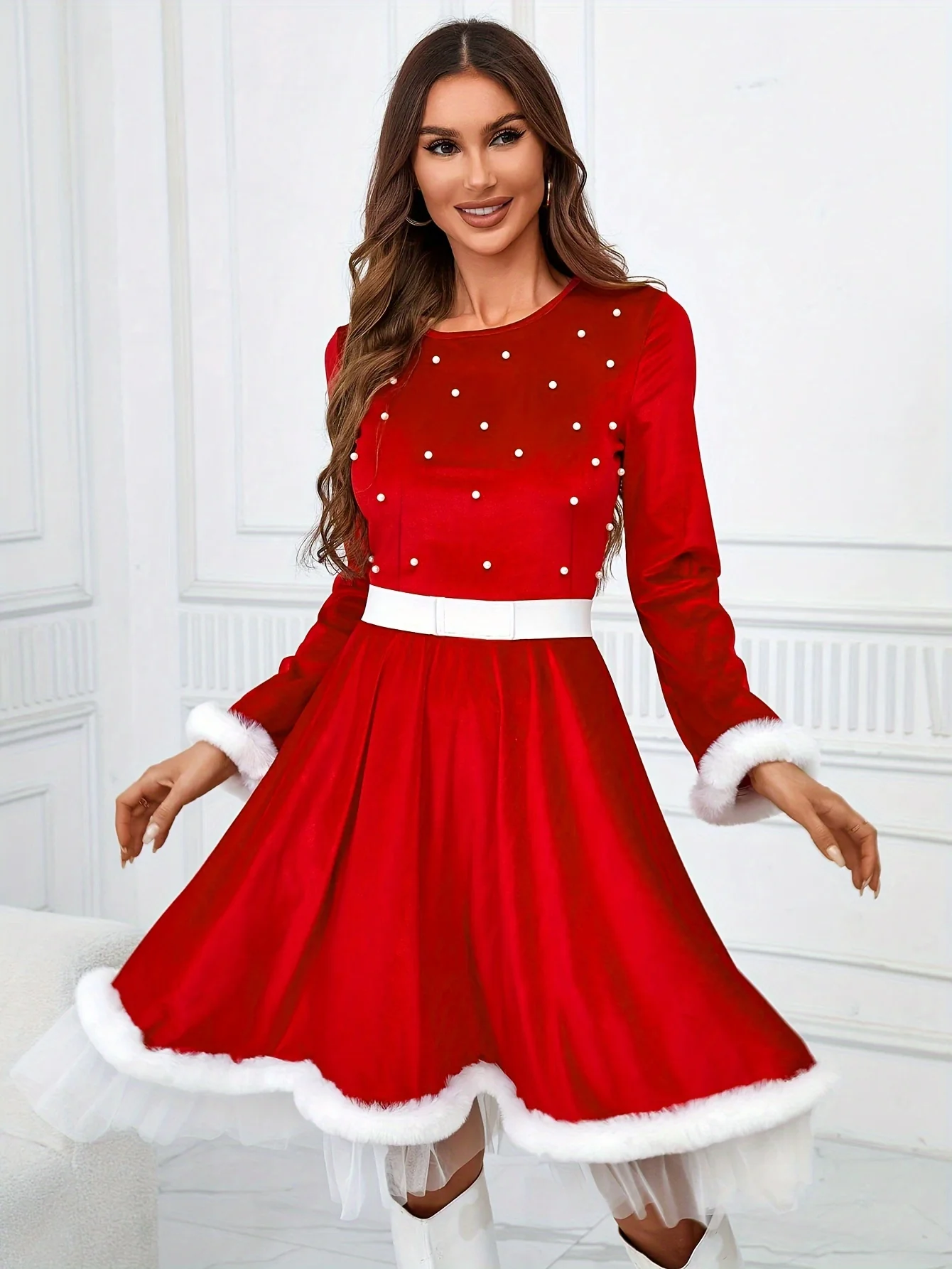 Festive Ladies' Christmas Costumes for Adults - Holiday Party Outfits with Bursting Beads, Santa Claus Performance, and Belt Decorations - Perfect for Ladies' Night Out - Deanwangkt