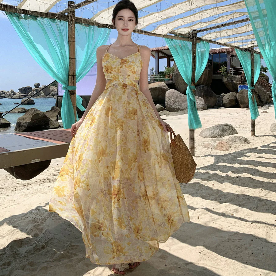 2025 Seaside vacation dress  coffee break niche waist yellow floral suspender beach dress photo pendulum dress - Deanwangkt
