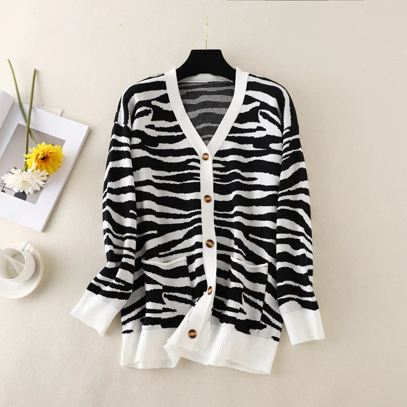 DEANWANGKT Cross-border women's knitted cardigan women's  autumn and winter new v-neck long-sleeved loose large-size sweater top coat - Deanwangkt