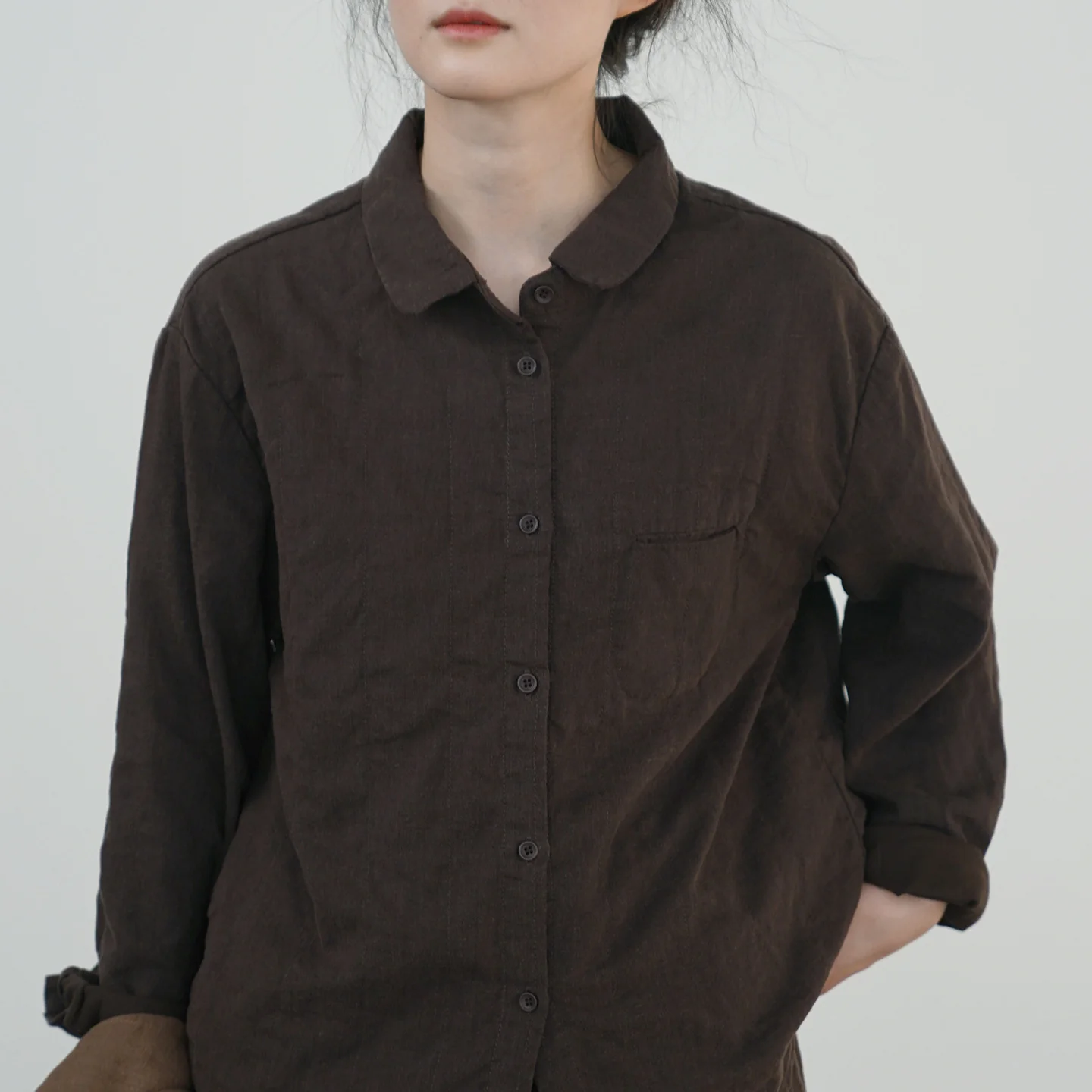 casual retro old thickened cotton and linen double-layer shirt, women's lapel long-sleeved top jacket W24304 - Deanwangkt
