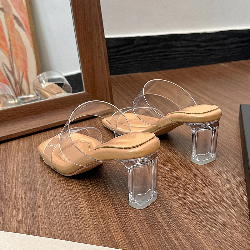 DEANWANGK  Drooping Sheepskin Transparent Sandals Women's Summer  New High Heels Crystal Heel Outer Wear Chunky Heel Sandals - Deanwangkt