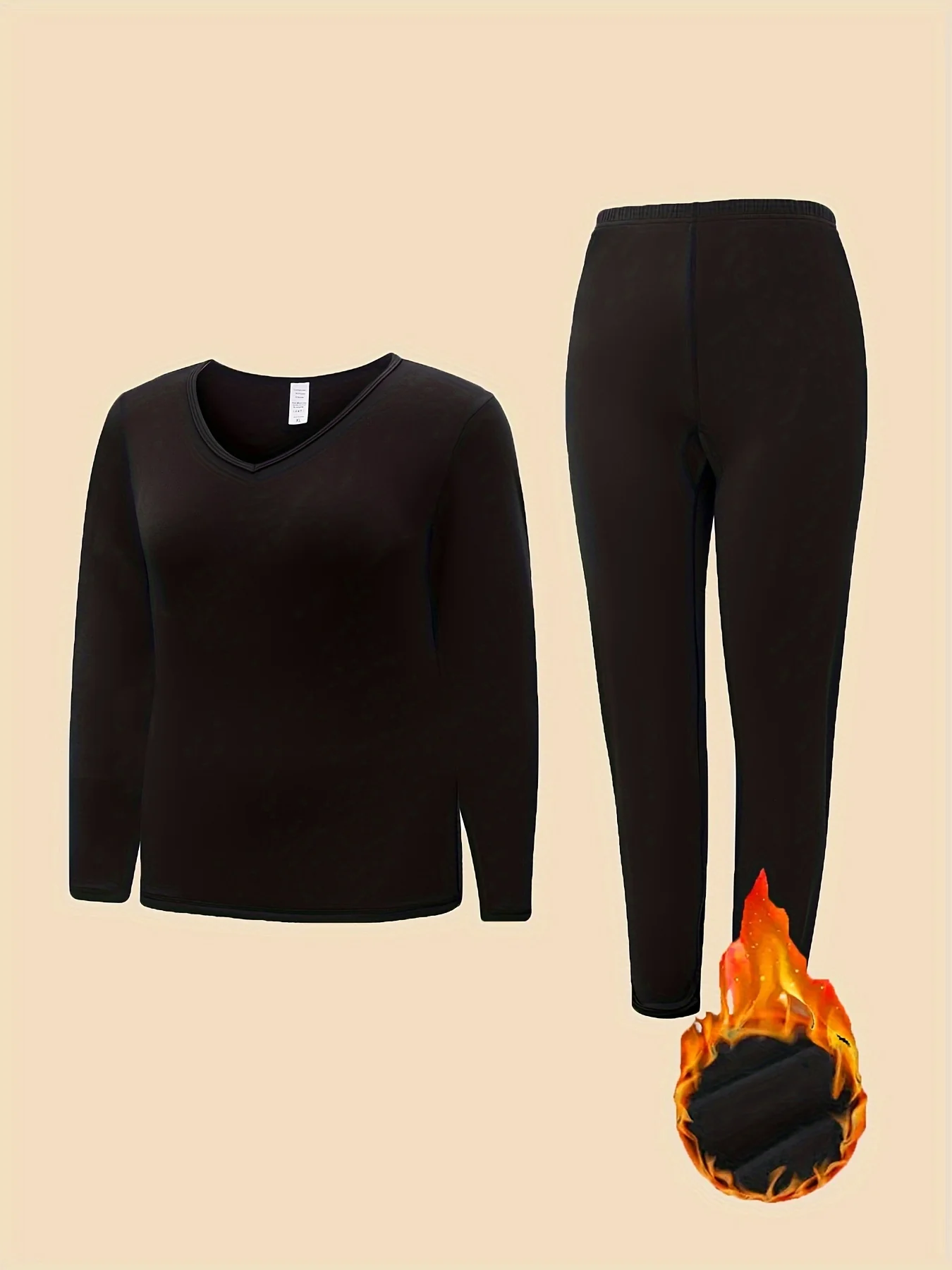 Plus Size Simple Thermal Underwear Set, Women's Plus Thickened Fleece Lined Warm Base Layer Shirt & Pants Underwear 2 Piece Set - Deanwangkt