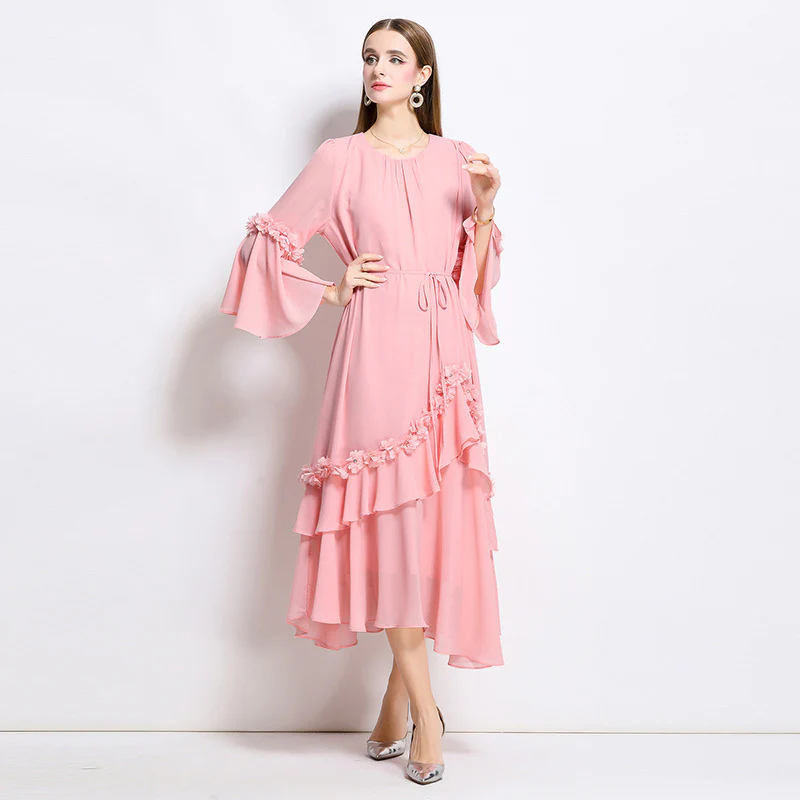 summer new heavy industry three-dimensional flower irregular round neck loose chiffon long dress - Deanwangkt