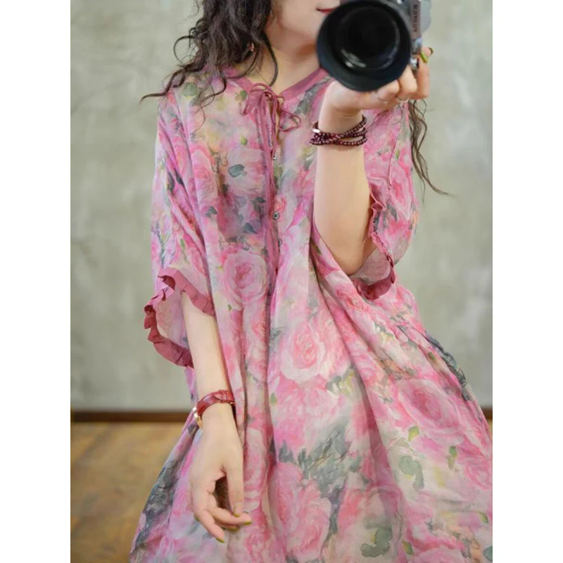 summer new fashionable travel age reduction Popular style personality literary retro printing light shirt dress - Deanwangkt
