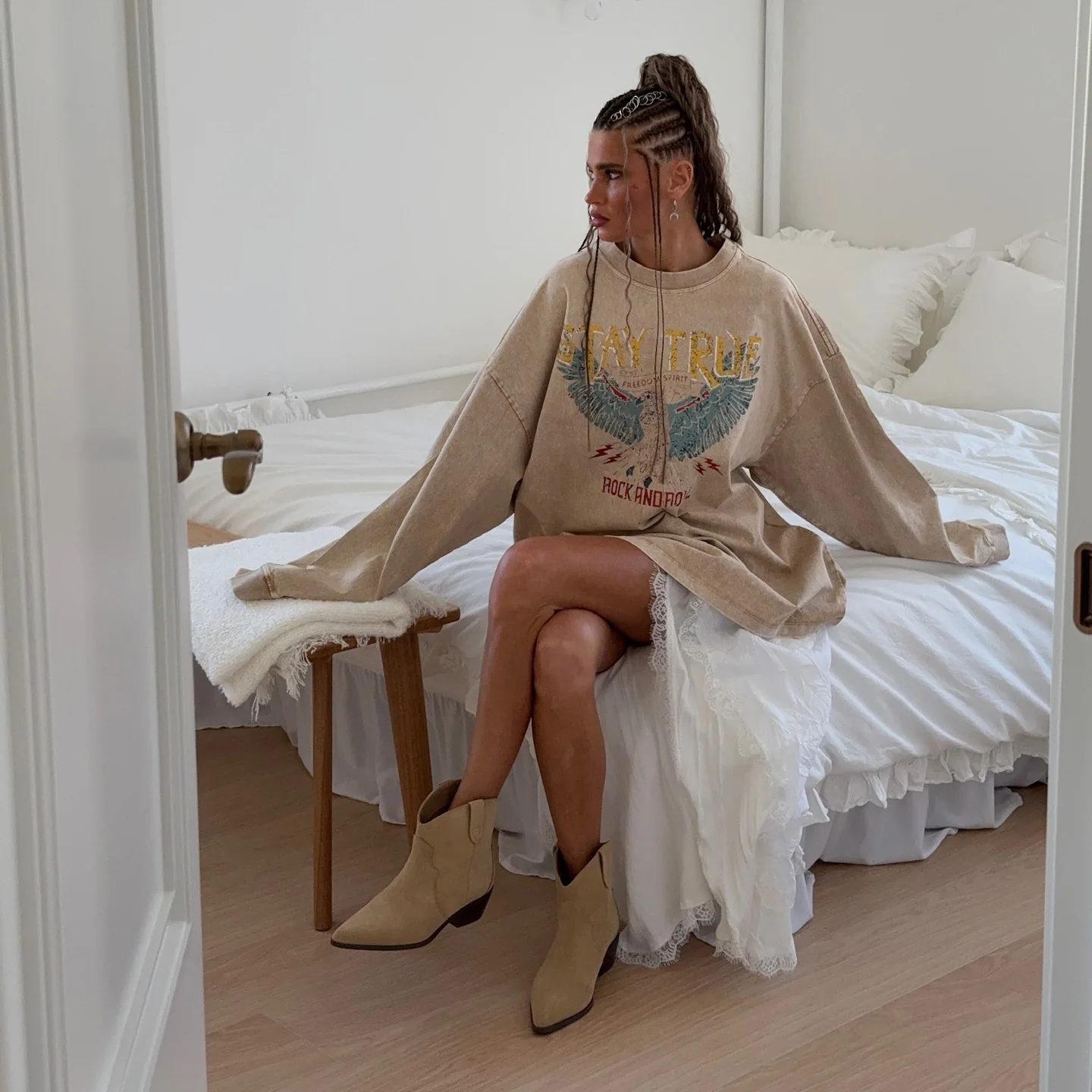 Summer new old eagle print medium and long long-sleeved loose sweater Spice girl crew neck top women's clothing - Deanwangkt