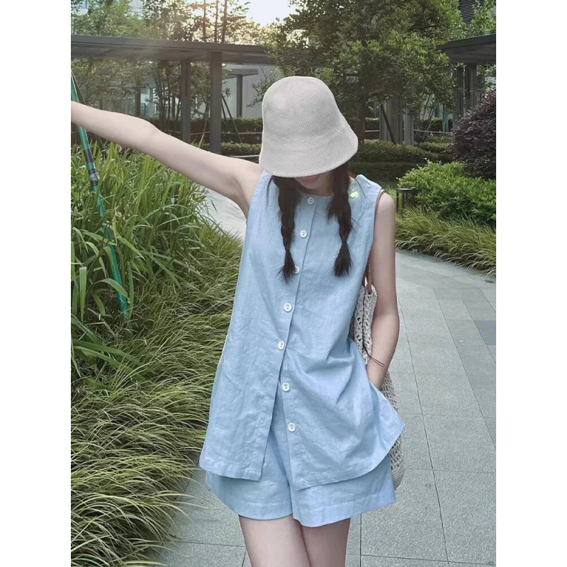 Linen sleeveless shirt set women's summer Korean wear fashionable loose vest elastic waist shorts two-piece set - Deanwangkt