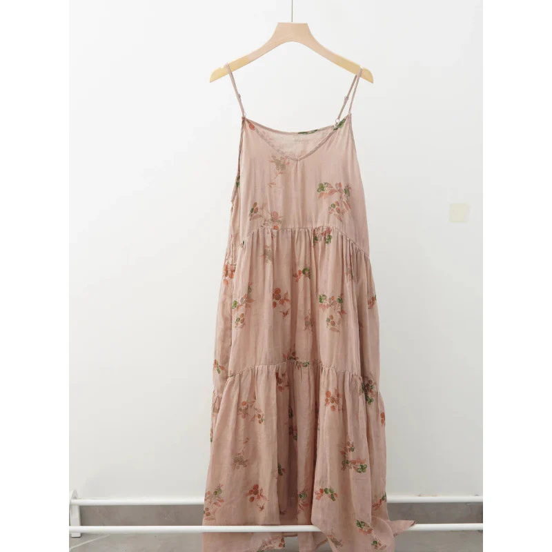new summer literary and retro pastoral style delicate national style floral suspender temperament V-neck dress women - Deanwangkt