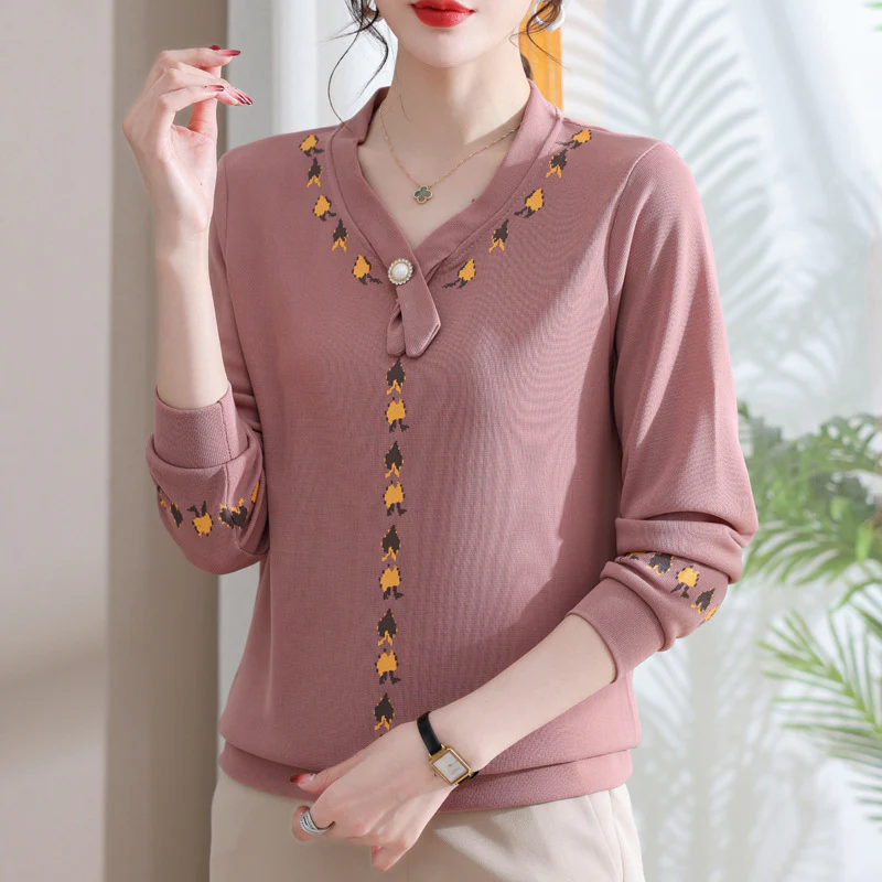 DEANWANGKT  Mom Spring Wear Underwear Long-Sleeved T-shirt  New Middle-Aged and Elderly Women's Clothing Spring and Autumn Western Style Knitted Small Shirt Top - Deanwangkt