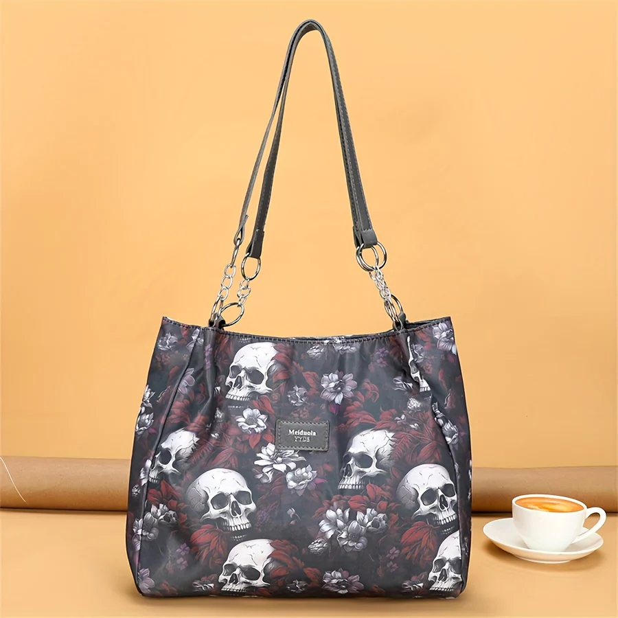 Large Capacity Punk Floral Skull Print Tote Bag - Stylish Single-Strap Shoulder Bag with Fixed Straps, Zipper Closure, Polyester Lining - Versatile Handbag for Daily Commute, Work, and Travel - Deanwangkt