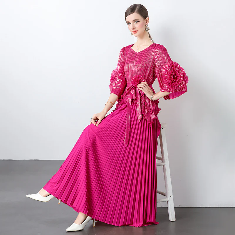 Pleated temperament suit  spring and summer new fashion and thin large size personalized top + pleated skirt two-piece set for women - Deanwangkt