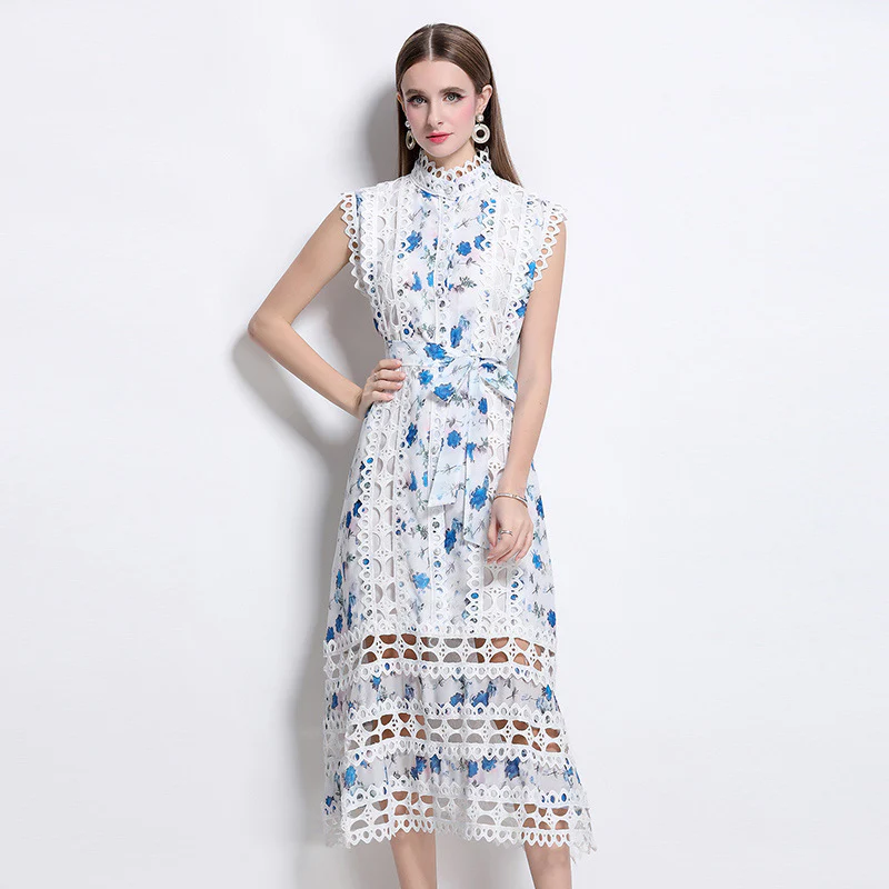 temperament high sense stand collar hollow embroidered lace splicing sleeveless waist thin elegant dress - Deanwangkt