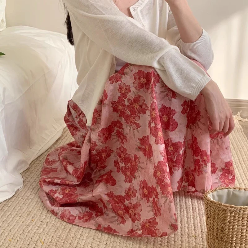 summer new  retro gentle wind floral skirt high waist drape big skirt medium and long skirt - Deanwangkt
