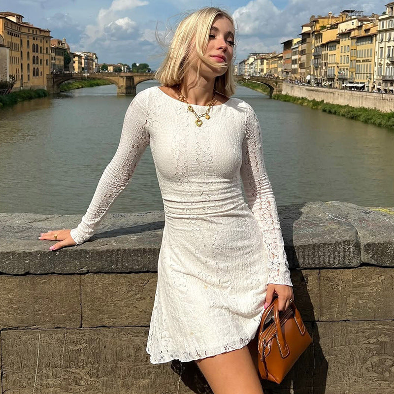 2025 DEANWANGKT  autumn new women's clothing sexy lace hollow hip dress New solid color round neck long-sleeved dress - Deanwangkt