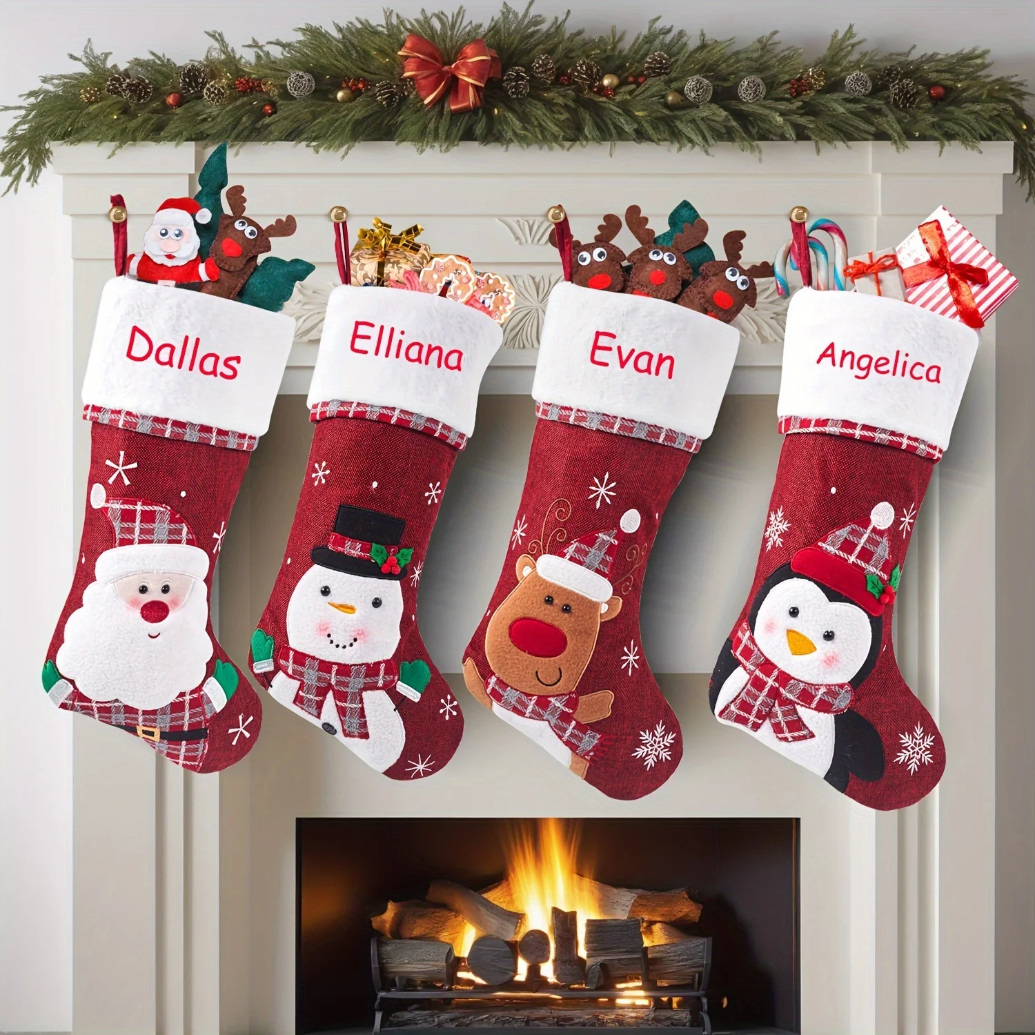 No Feather Custom Embroidered Polyester Christmas Stockings, Classic Style, Festive Holiday Decor with Elderly Snowman, Penguin, and Reindeer Designs for Home & Kitchen Use - Deanwangkt