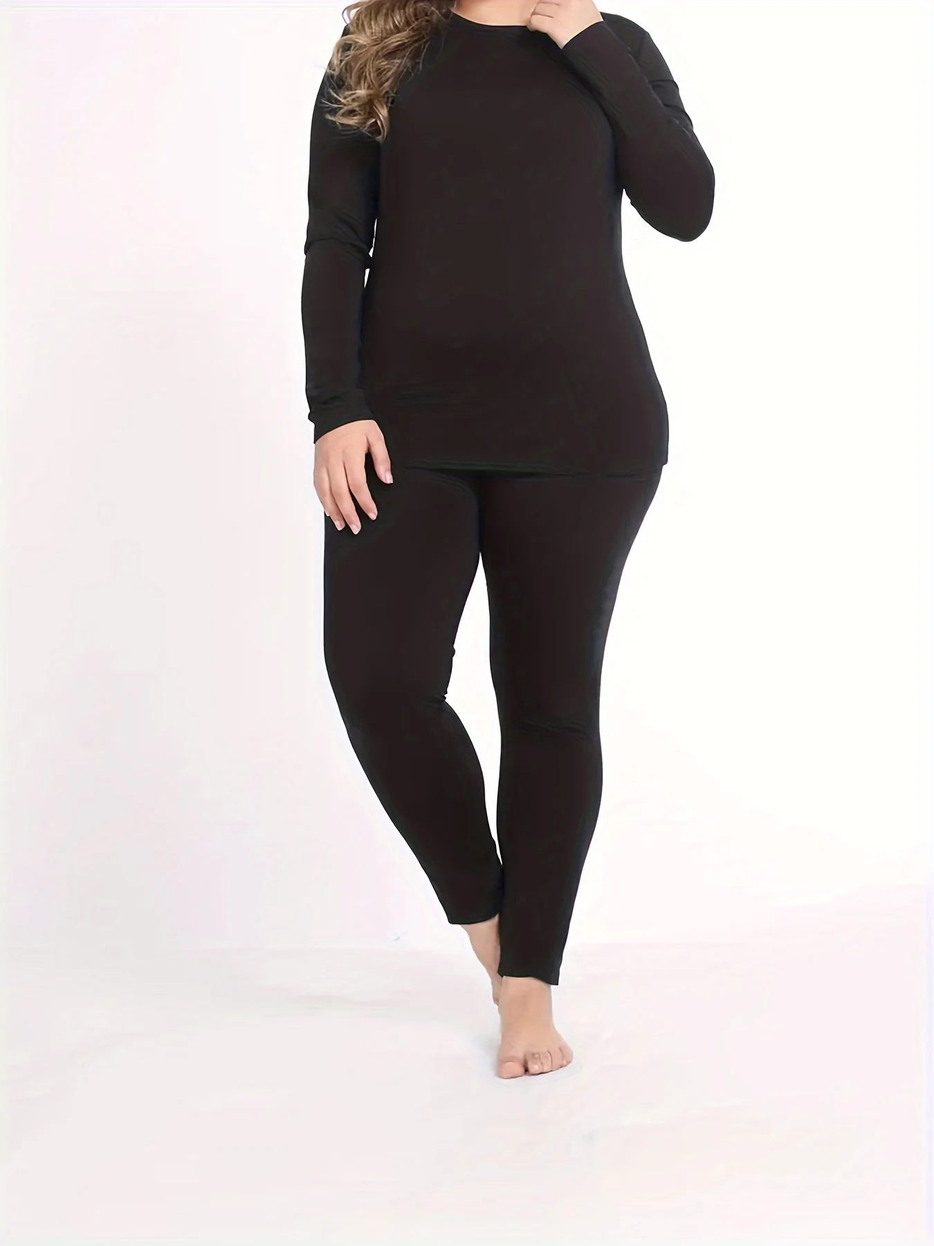 Plus Size Cozy Thermal Underwear Set - Ultra-Soft, Breathable, Slim Fit, Long Sleeve, Round Neck, Warm Two-Piece Top and Pants for Women - Solid Color, Perfect for Cold Winter Nights - Deanwangkt