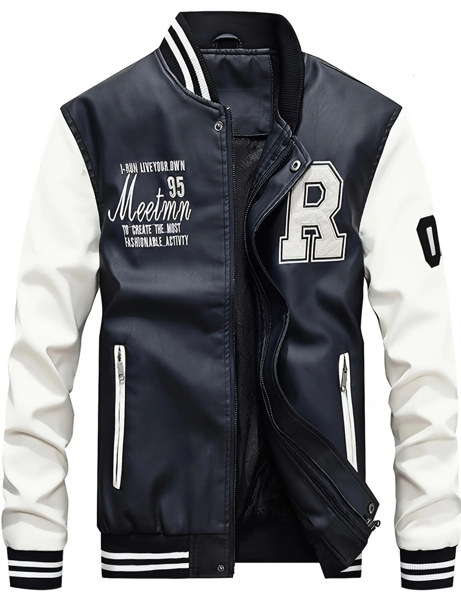 1pc Men'S Preppy Style Faux Leather Jacket - Polyester Baseball Collar Stand Coat with Alphabet Pattern, Zipper Closure, Non-Stretch Woven Fabric, Regular Fit with Polyester Lining, Plus Size - Deanwangkt