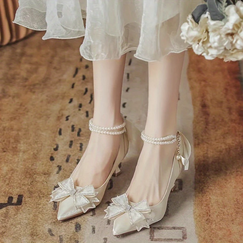 deanwangkt  Women's Bowknot Kitten Heels, Elegant Pointed Toe Faux Pearl Ankle Strap Shoes, Comfy Wedding & Evening Dress Shoes - Deanwangkt
