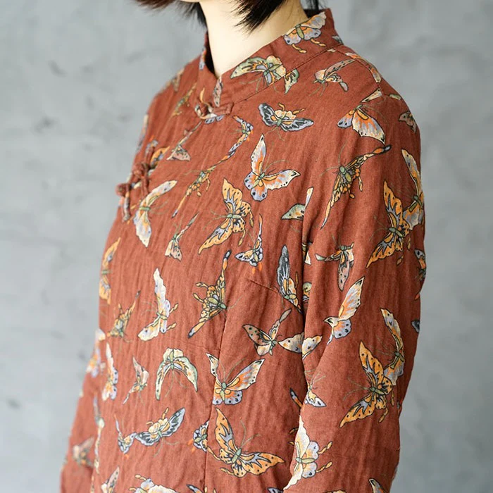 double-layer cotton butterfly print handmade buckle cheongsam improved Chinese dress L1842 elegant - Deanwangkt