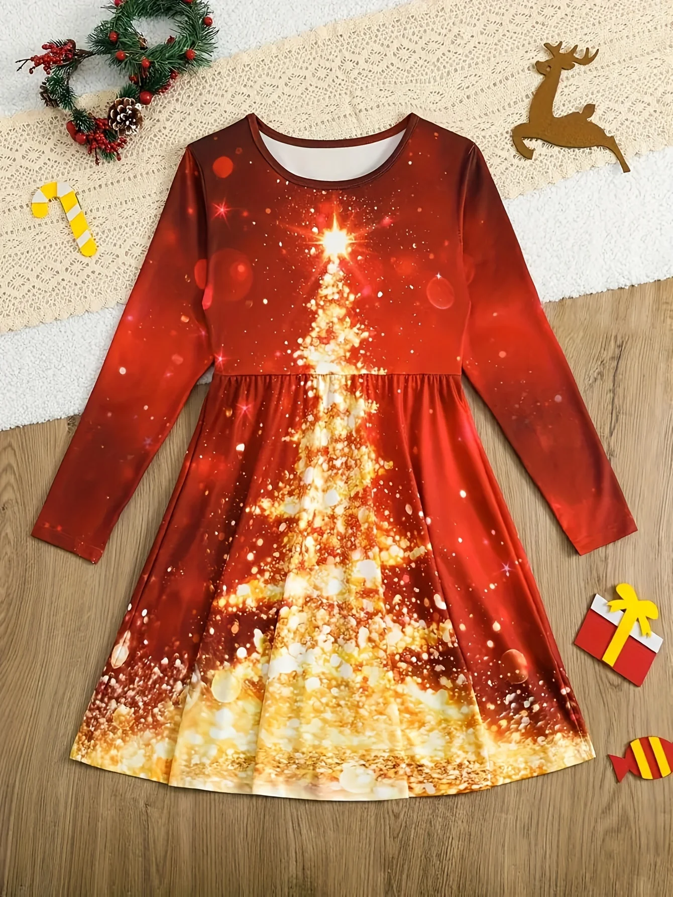 Girls' Christmas Tree Print Dress, Polyester, Cute Style, Stretch Fabric, Geometric Pattern, Regular Fit, Knit, for Baby Girls, Holiday Gift, Autumn/Winter Season - Deanwangkt