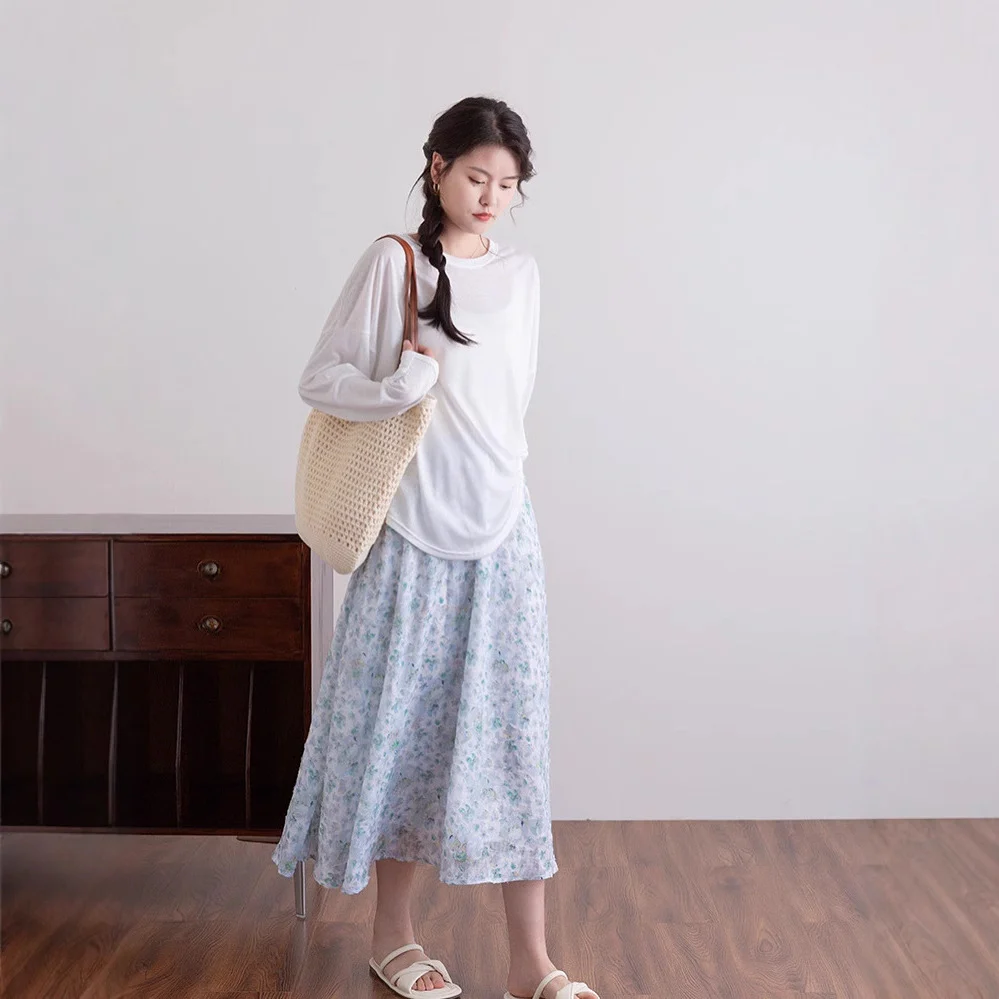 Siyuan minimalist row style large silhouette blouse long-sleeved T-shirt delicate nude and thin sunscreen bottoming shirt women's summer 8945 - Deanwangkt