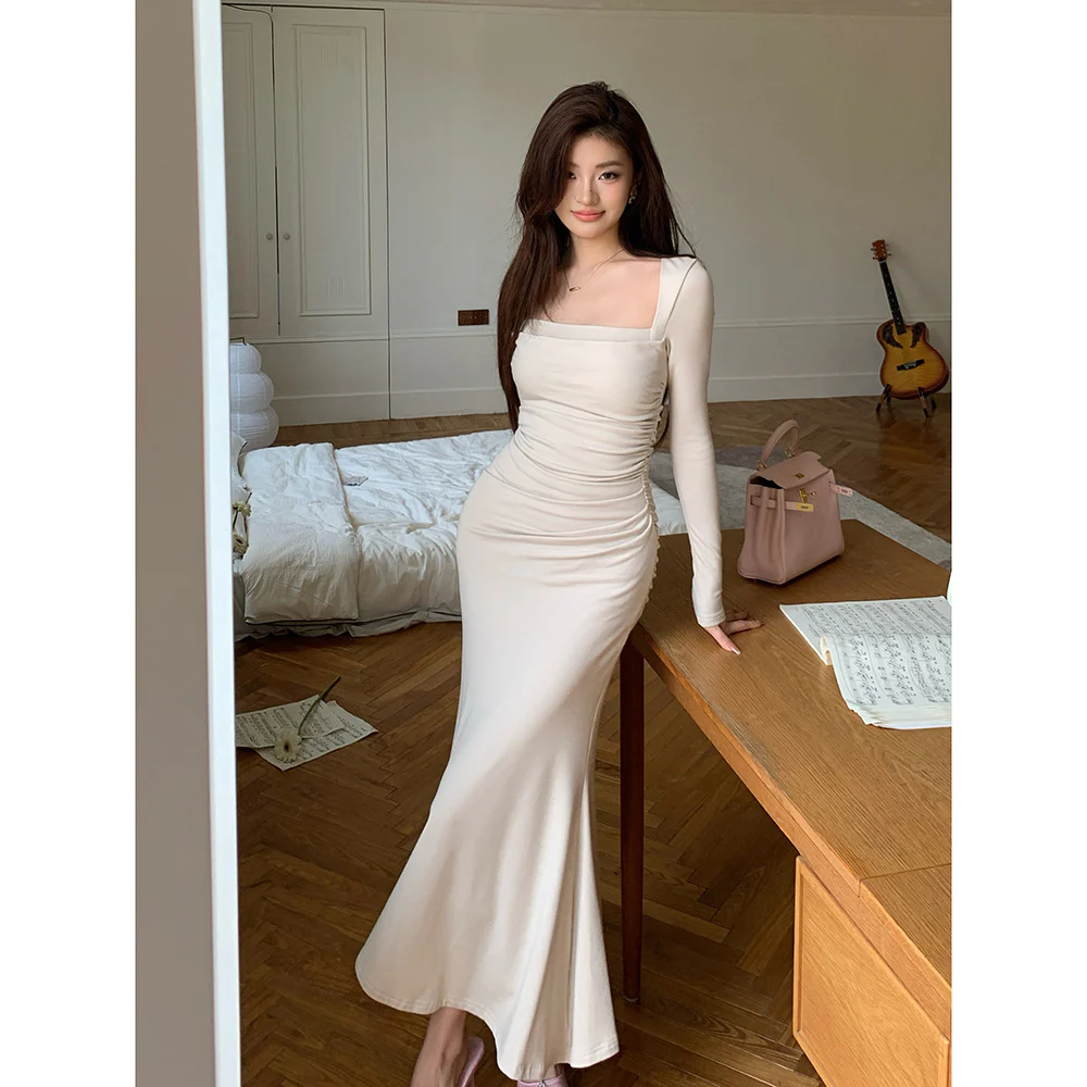 2025 gentle wind square neck long-sleeved dress women's 2025 winter high-end temperament beautiful slim fishtail dress - Deanwangkt