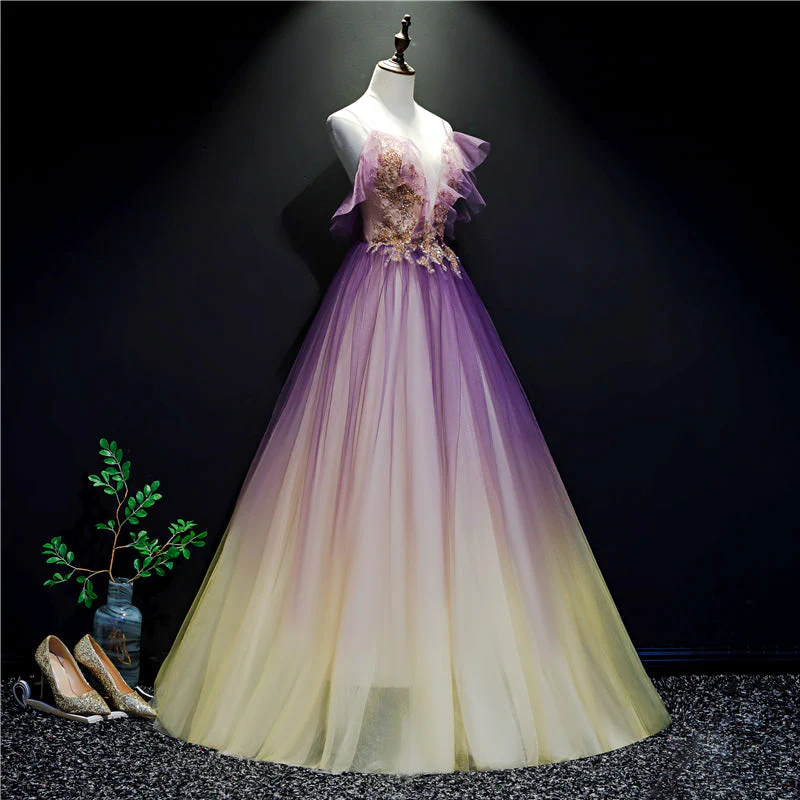 Solvbao Purple and Yellow Gradient V-neckline Straps Tulle Evening Gown, Long Prom Dress Party Dress - Deanwangkt
