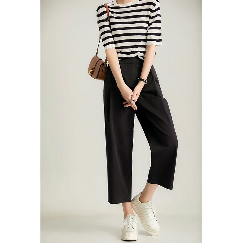 2025 Japanese light luxury, three-dimensional cocoon nine-point pants, thin high-waisted straight-leg casual pants  women's summer new models - Deanwangkt