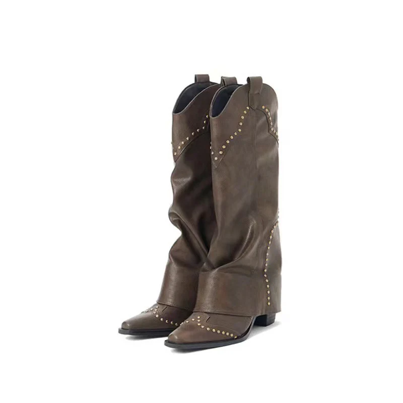 Factory in Stock Rivet Pants Tube Boots Fried Street Height Increasing Hot Girl Wear below the Knee Knight Boots Retro Western Cowboy Boot - Deanwangkt