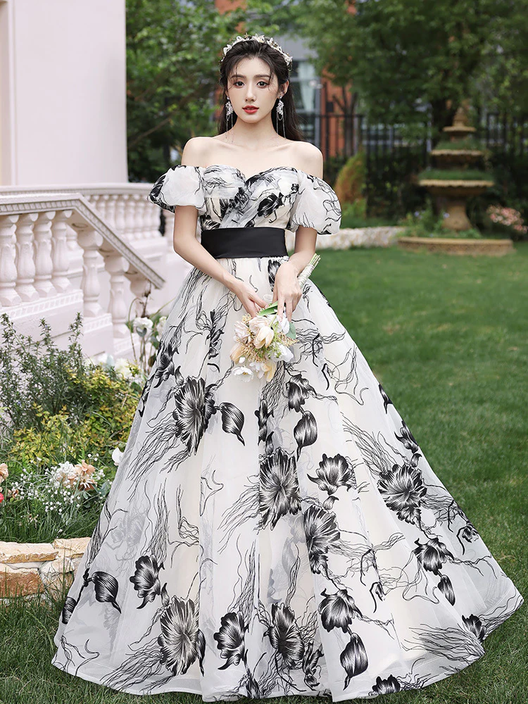 2025 One-word shoulder banquet evening dress 2025 spring new ink painting classical dress lawn sisters party dress - Deanwangkt