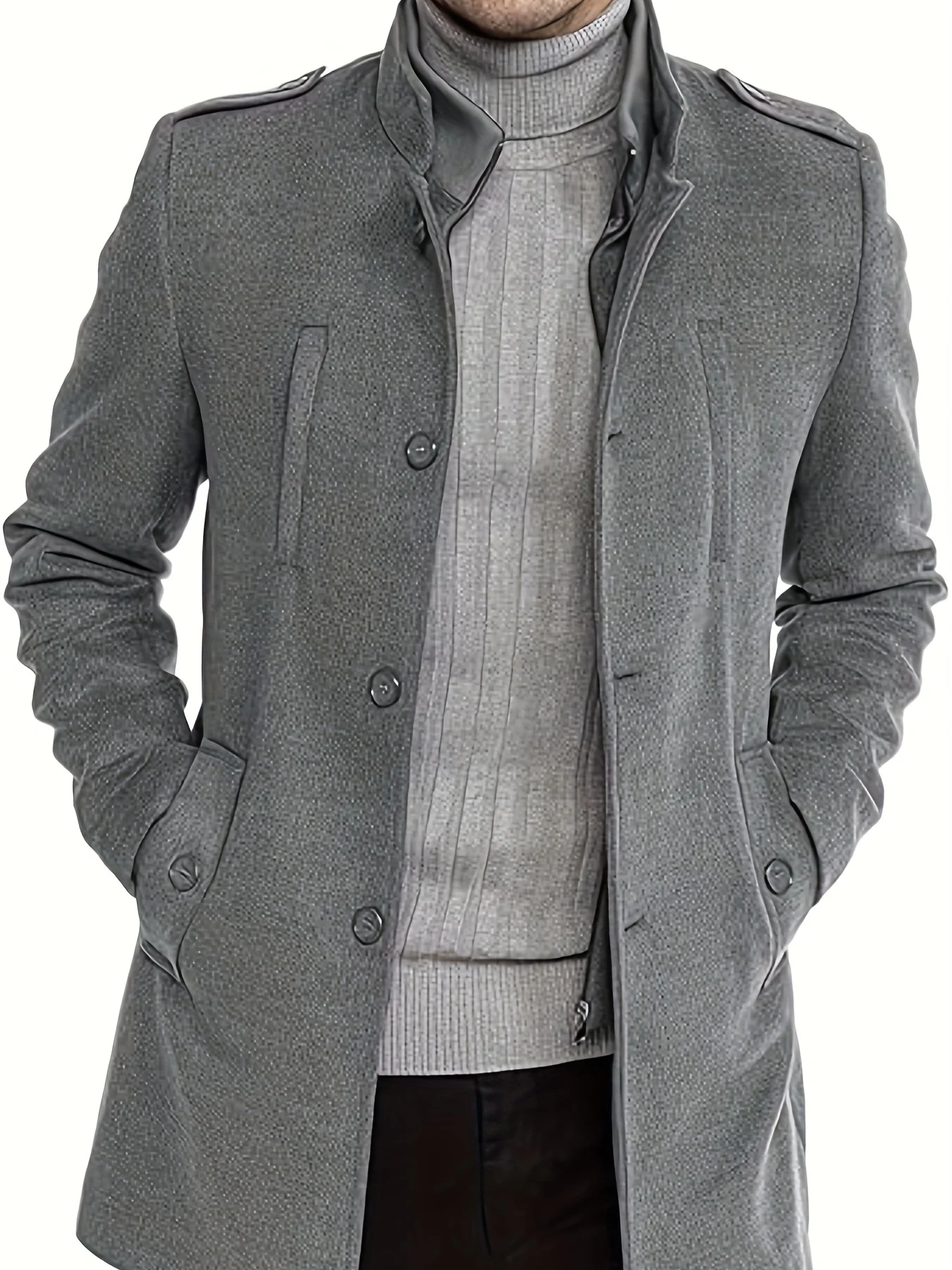 1pc Men'S Casual Trench Coat - Polyester Long Sleeve Stand Collar Single Breasted Pea Coat with Pockets - Regular Fit Mid-Length Jacket for Autumn/Winter, Plus Size - Deanwangkt