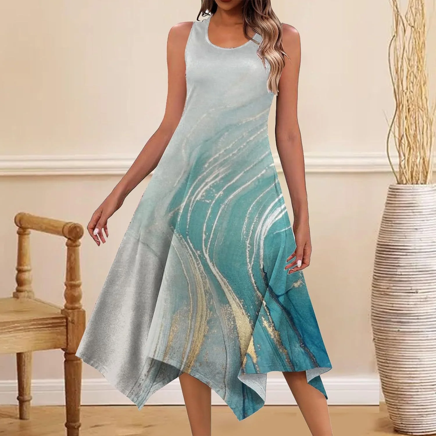 DEANWAQNGKT  Cross Border Women's Clothing  Summer Mid-Length Fashion New Printed Sleeveless Irregular Swing Dress - Deanwangkt