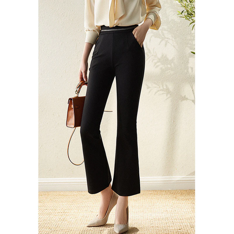 2025 Skinny micro-flared pants nine-point pants, black casual pants  spring and autumn new women's clothing, elastic waist long pants - Deanwangkt