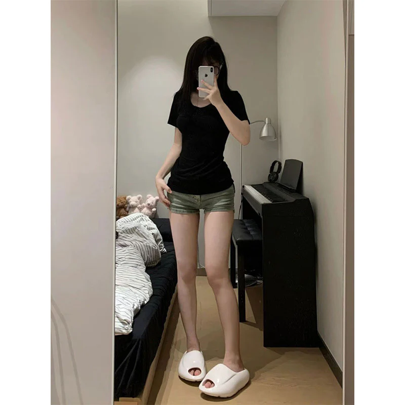 deanwangkt American Hot Girl V-neck Black Short-Sleeved T-shirt Women's Summer Pure Cotton Shoulder Tight-Fit Slim-Fit Figure Flattering Inner Bottoming Top - Deanwangkt