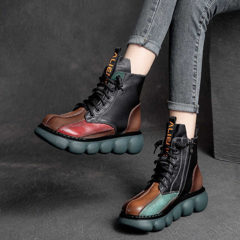 Autumn New Lace-up Booties Platform Muffin Rainbow Retro Soft Leather Women's Boots Fashion Trend Contrast Color Martin Boots - Deanwangkt