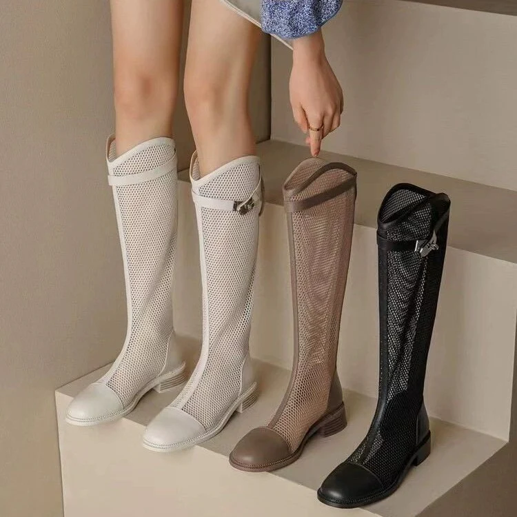 Mesh Hollow Boots Female  Summer New Chunky Heel Platform Thin Anti-Slip Breathable Mesh Surface Mid Boots - Deanwangkt