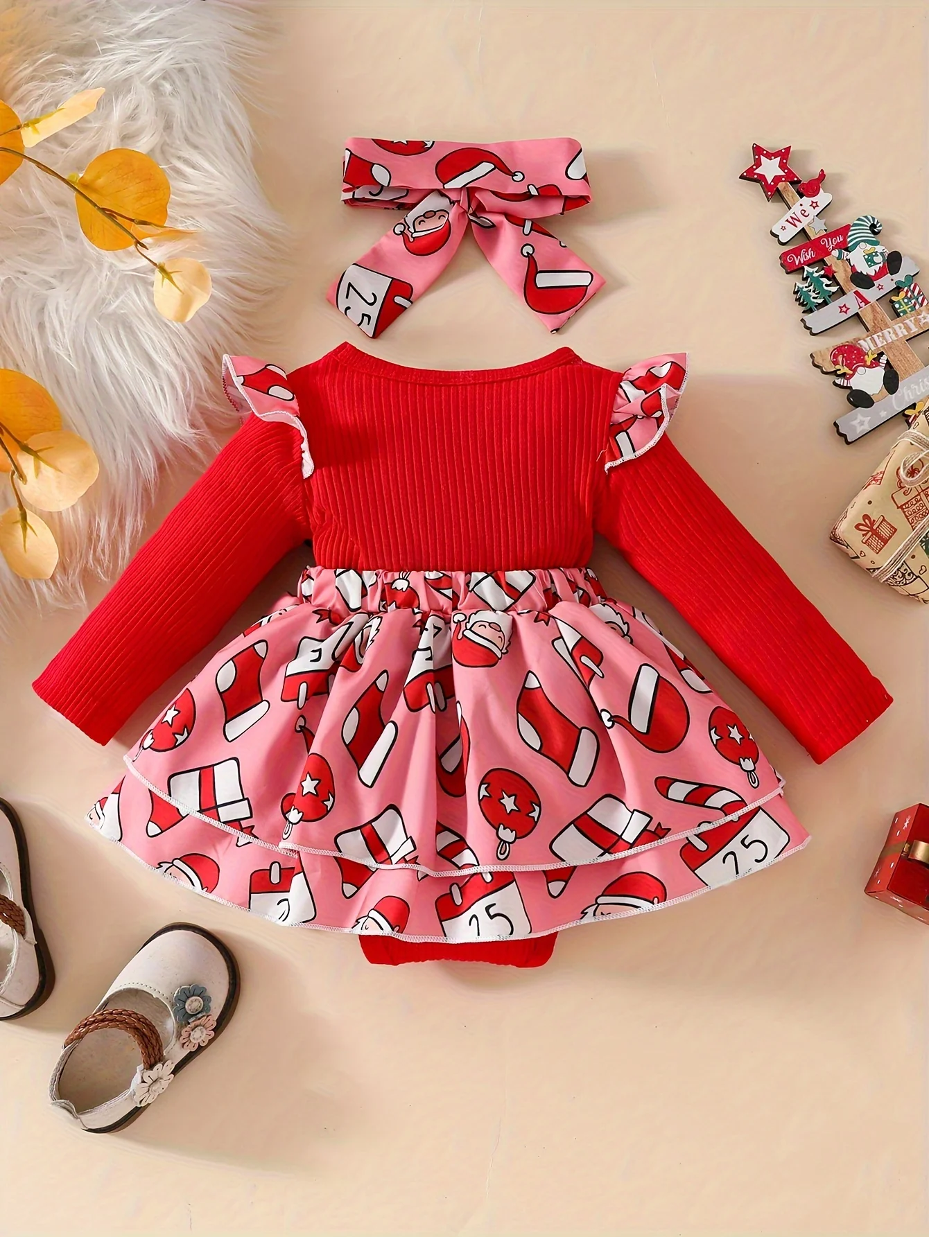 Baby's Christmas Element Patchwork Faux Two-piece Ribbed Long Sleeve Romper Dress + Hairband, Infant & Toddler Girl's Dress For Daily Wear/Holiday/Party, As Gift - Deanwangkt