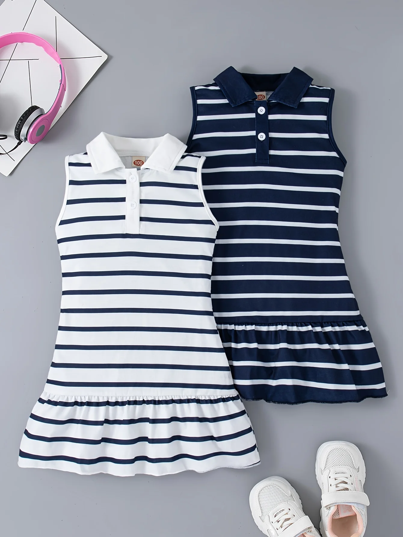 2pcs Adorable Striped Fitted Sleeveless Dress for Girls - Lapel Collar, Knee-High Length, Ruffle Hem, Polyester Material, Loose Silhouette, Perfect for Summer Party and Holiday - Casual and Comfortable - Deanwangkt