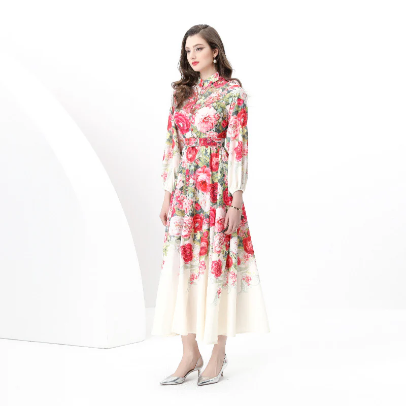 Popular trade women's clothing vacation style retro stand-up collar single-breasted lace splicing printing wide pendulum long dress - Deanwangkt