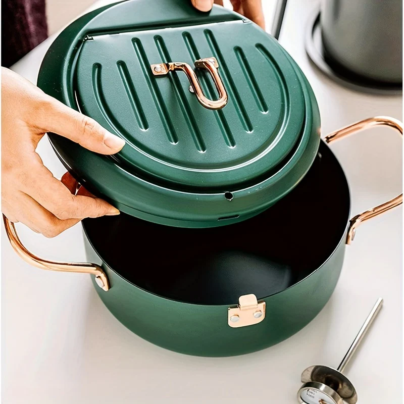 1pc Large Green Tempura Deep Fryer Pan - Non-Stick Carbon Steel with Fahrenheit Thermometer for Perfect Tempura, Chicken, Fish, Shrimp - Easy Cleaning, Durable, Space-Saving Design for Home Kitchen - Deanwangkt