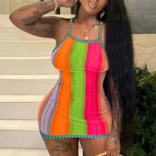 European and American Hot Women's Clothing   New Summer Striped Slim Strap Dress - Deanwangkt