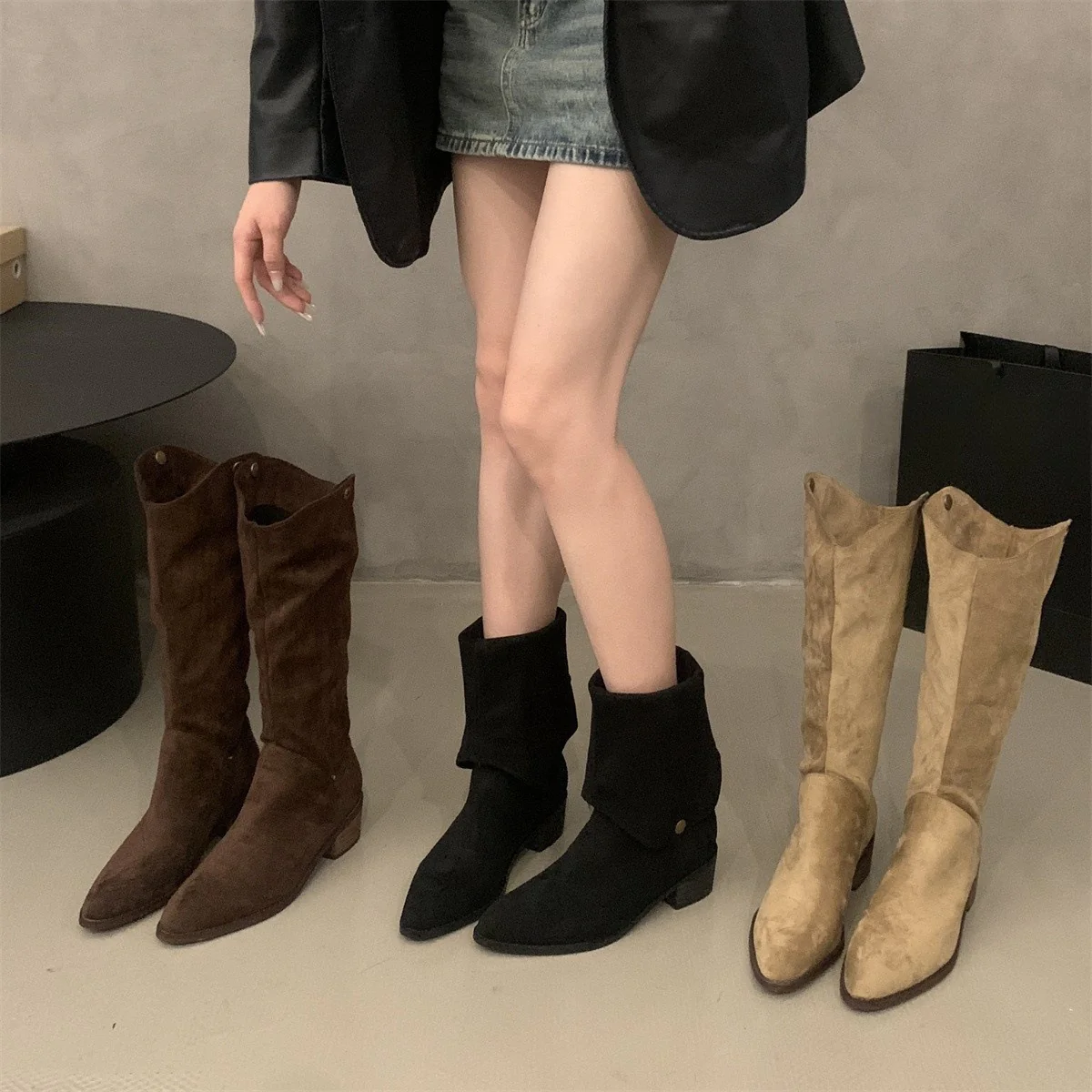 2025  Coarse heel khaki stacking boots medium boots women's shoes popular new spring, autumn and winter suede thin long boots - Deanwangkt
