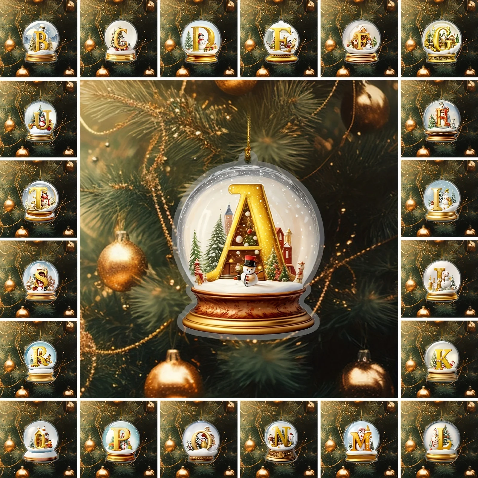 Exquisite Acrylic Crystal Globe Ornament - Snowman Figurine, Hanging Alphabet Letters A-Z, Art Deco Style, Battery-Free, Thanksgiving & Christmas Tree Decoration, Sparkling Snowflake Pattern, Indoor & Outdoor Use - Deanwangkt