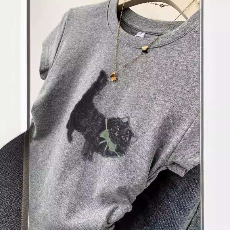 DEANWANGKT  American-Style Short-Sleeved T-shirt Women's Summer  New Small Slim Fit Slimming and Short T-shirt Hot European and American Top - Deanwangkt