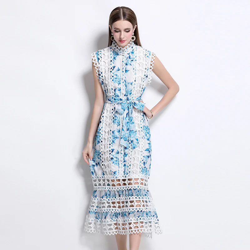 temperament high sense stand collar hollow embroidered lace splicing sleeveless waist thin elegant dress - Deanwangkt