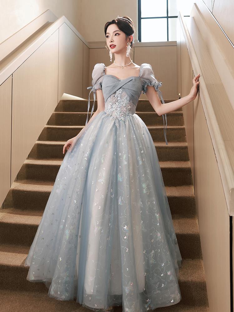 2025 Blue evening dress skirt 2025 new banquet  light luxury temperament bubble sleeve princess vocal art test performance suit - Deanwangkt