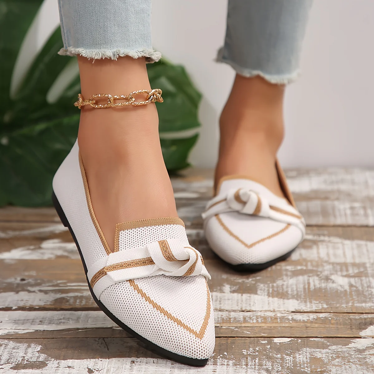 Womens Chic Knot Flat Shoes - Soft Knitted Slip-Ons with Pointed Toe - Ultra-Comfortable & Breathable for Everyday Style - Deanwangkt
