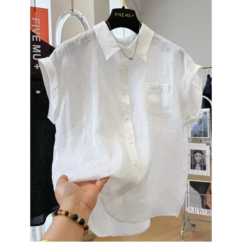 Handmade beads, high-end linen short-sleeved lapel shirt, women's  summer thin fashion temperament shirt - Deanwangkt