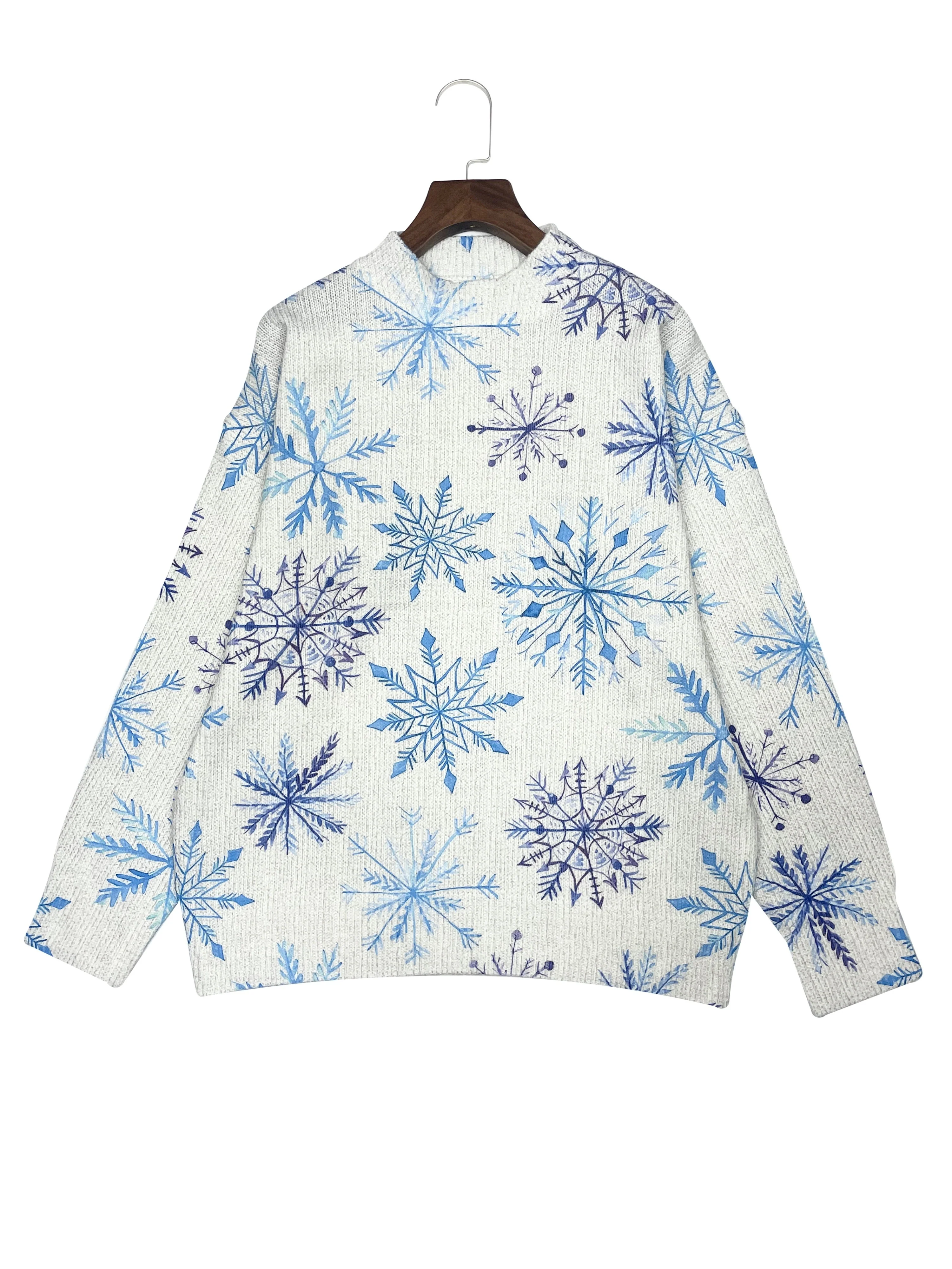 Women's Christmas Snowflake Print Pullover Sweater - 100% Polyester Knit Fabric, Stand Collar, All Season Comfort, Young Style - Deanwangkt